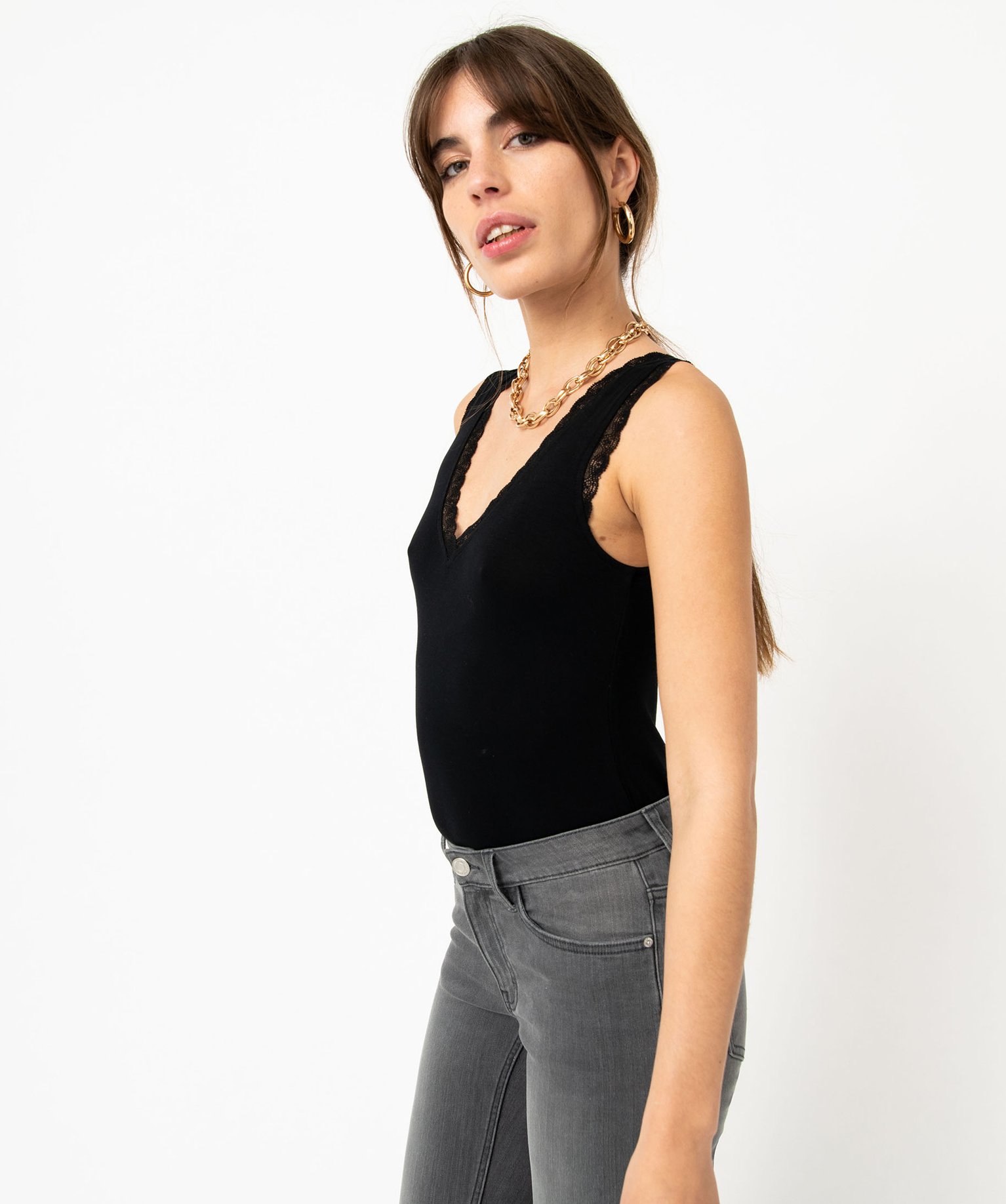 Débardeur femme avec décolleté en V en dentelle noir | GEMO
