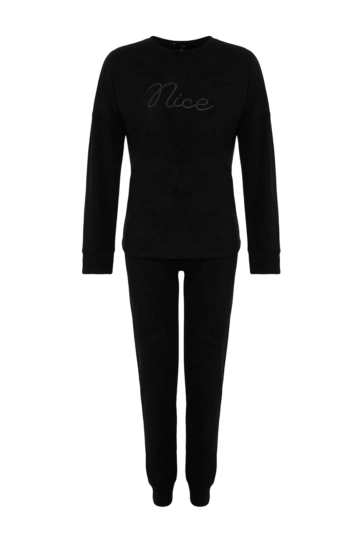 Trendyol Collection  Schwarzes Samt-T-Shirt-Jogger-Strick-Pyjama-Set THMAW24PT00297
