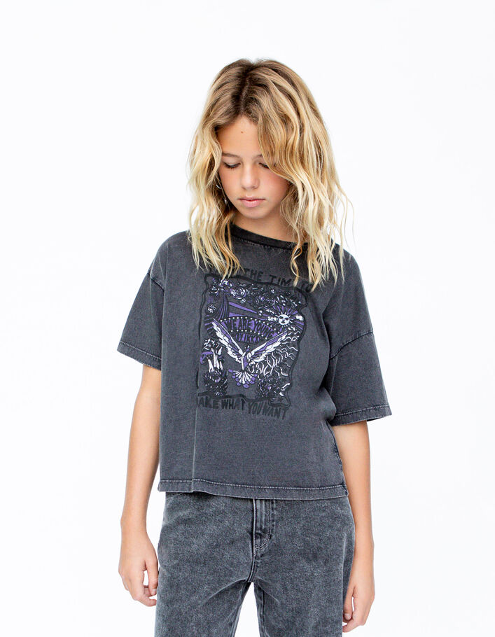 T-shirt gris visuel rock avec clous fille
