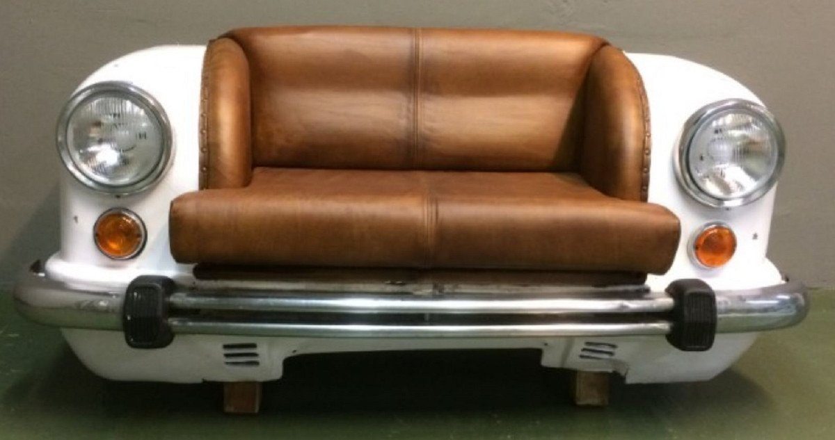 Casa Padrino Kindersofa Designer Autosofa Cognacfarben / Weiß / Silber 158 x 70 x H. 83 cm - Wohnzimmer Sofa im Auto Design - Wohnzimmer Auto Möbel