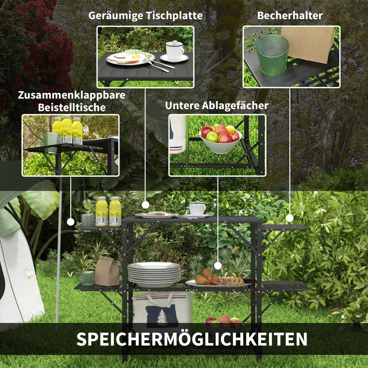 Outsunny Campingtisch Faltbar, Camping-Küchentisch mit 2 Ablagen, 4 Seitentische