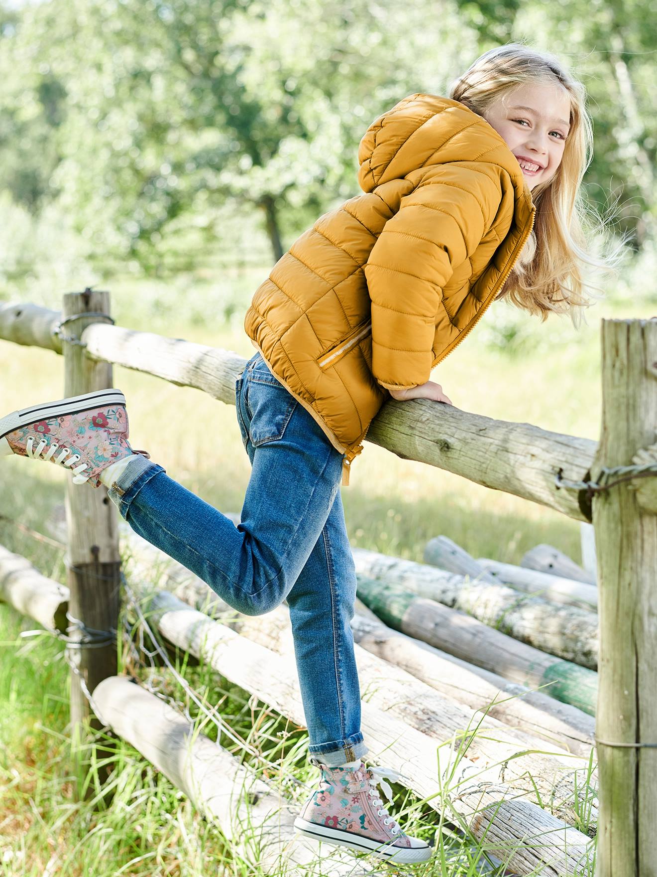 Doudoune à capuche légère réversible fille anthracite imprimé