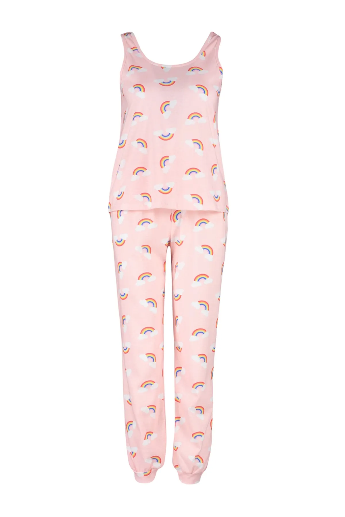 Trendyol Collection  Hellrosa gestricktes Pyjama-Set mit Unterhemd und Hose mit Regenbogenmuster THMSS23PT00092