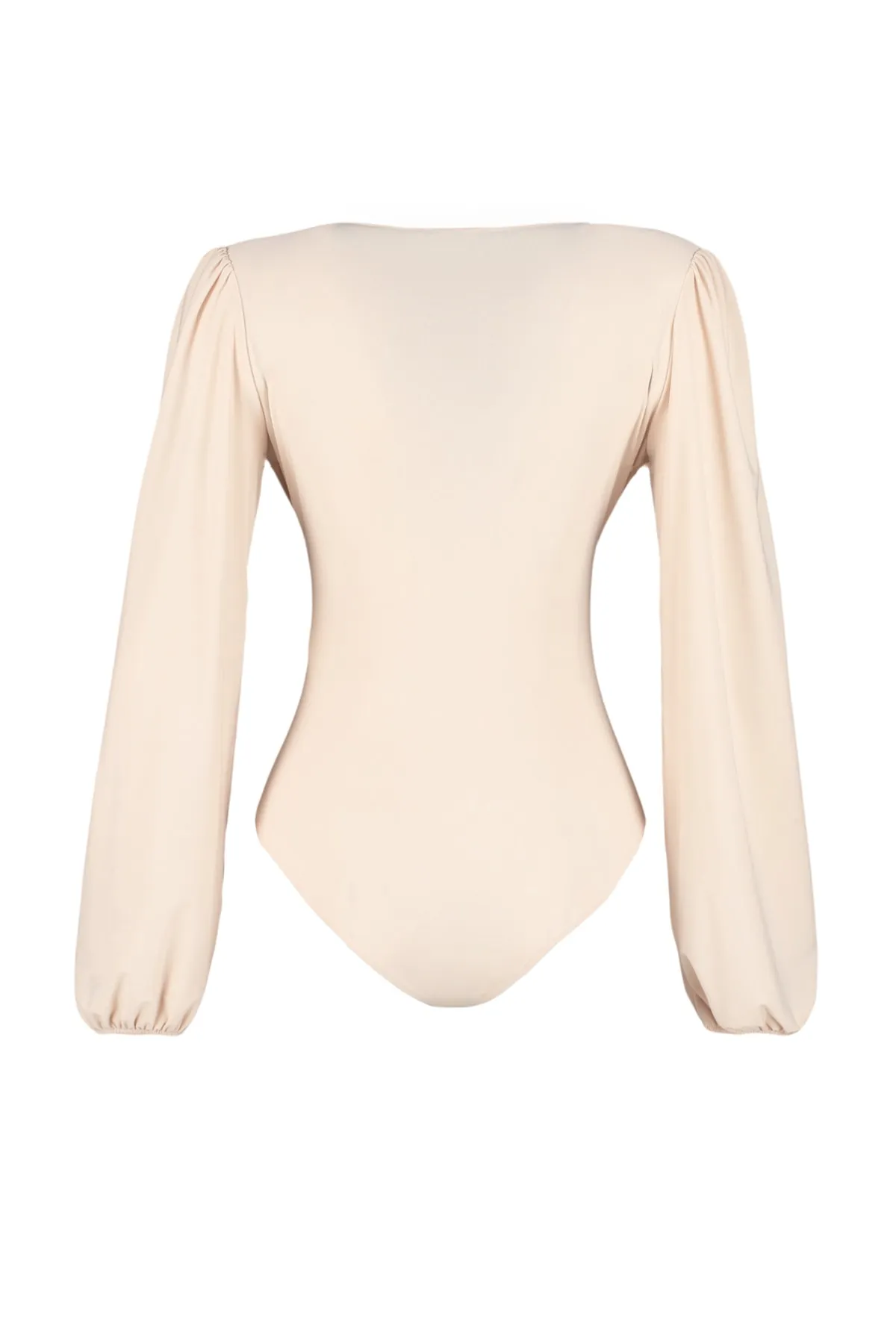 Trendyol Collection  Steinfarbener, taillierter/körperbetonter, flexibler Strickbody mit Druckknöpfen und V-Ausschnitt mit Ballonärmeln TWOSS23BD00030