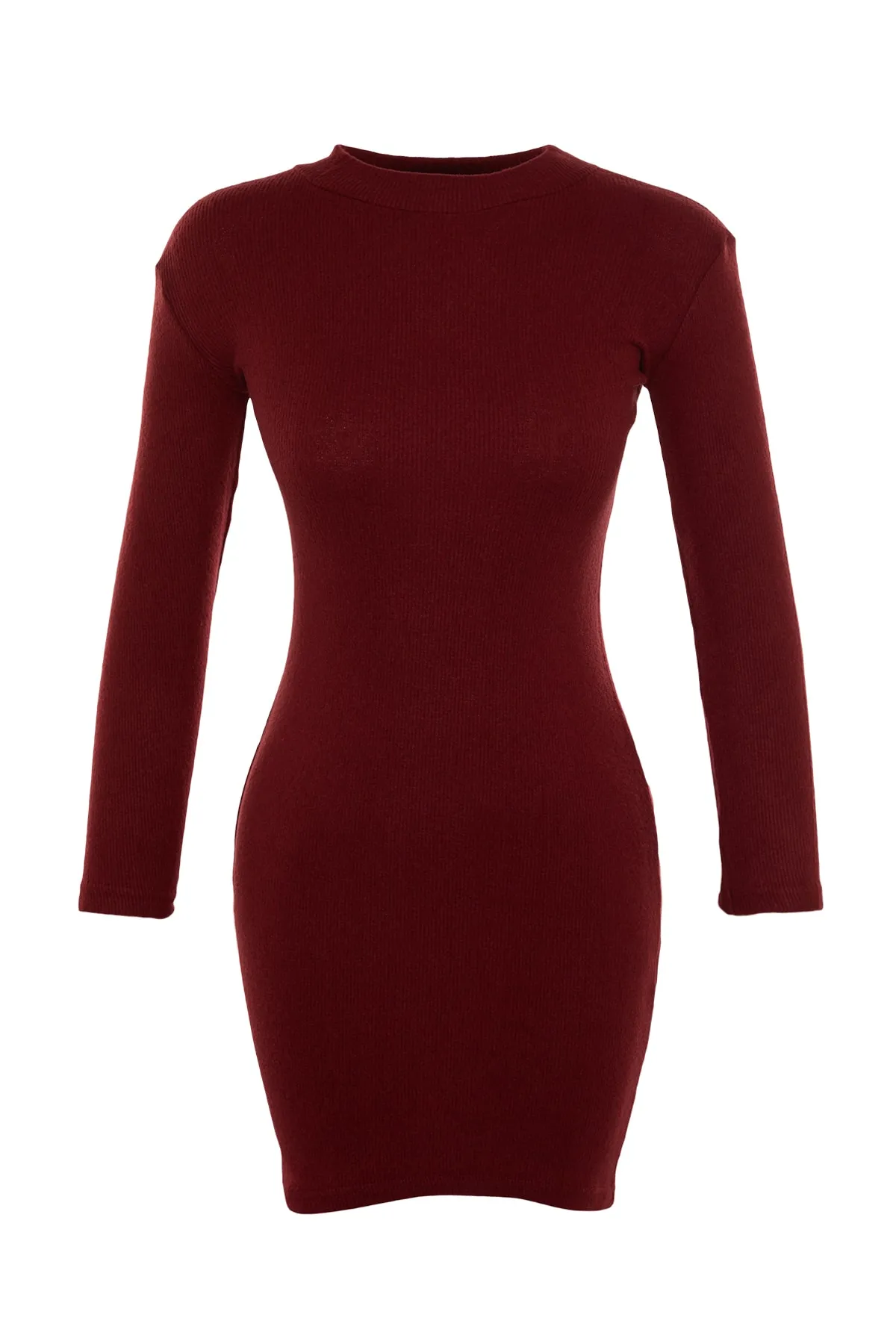 Trendyol Collection  Weinrotes, tailliertes Mini-Stehkragen-Bleistiftkleid aus geripptem, flexiblem Strick TWOAW21EL2244
