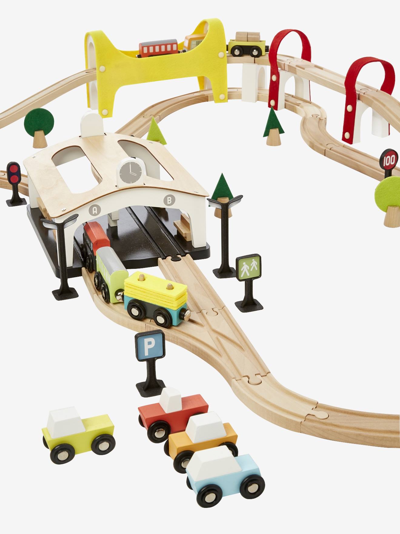 Vertbaudet Kinder Eisenbahn aus Holz FSC, 66 Teile - mehrfarbig