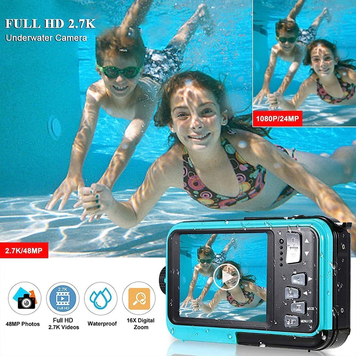 autolock Digitalkamera Fotokamera 2.7K Full HD 48MP 16X Digitalzoom Kompaktkamera (Wiederaufladbare Unterwasserkamera mit Karte für Schnorcheln)