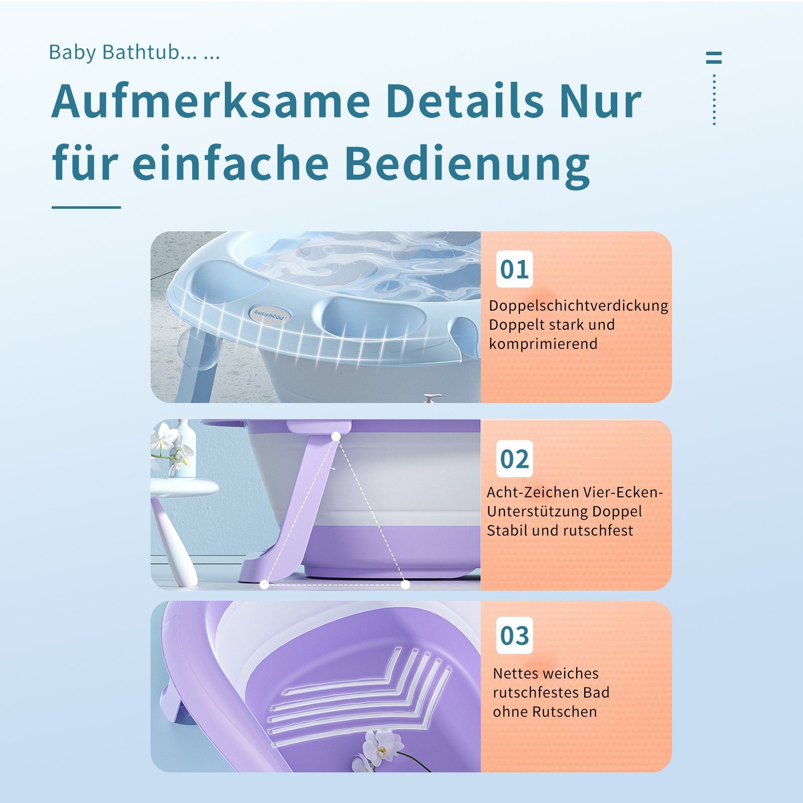 Seven Comfort Babybadewanne Faltbare Babybadewanne mit Matte, 3-in-1 faltbar, Inklusive Badematte, Baby-Badewanne, mit Ständer