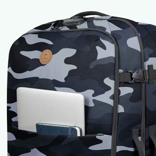 Large 2-wheel soft-sided suitcase with blue Bimini top