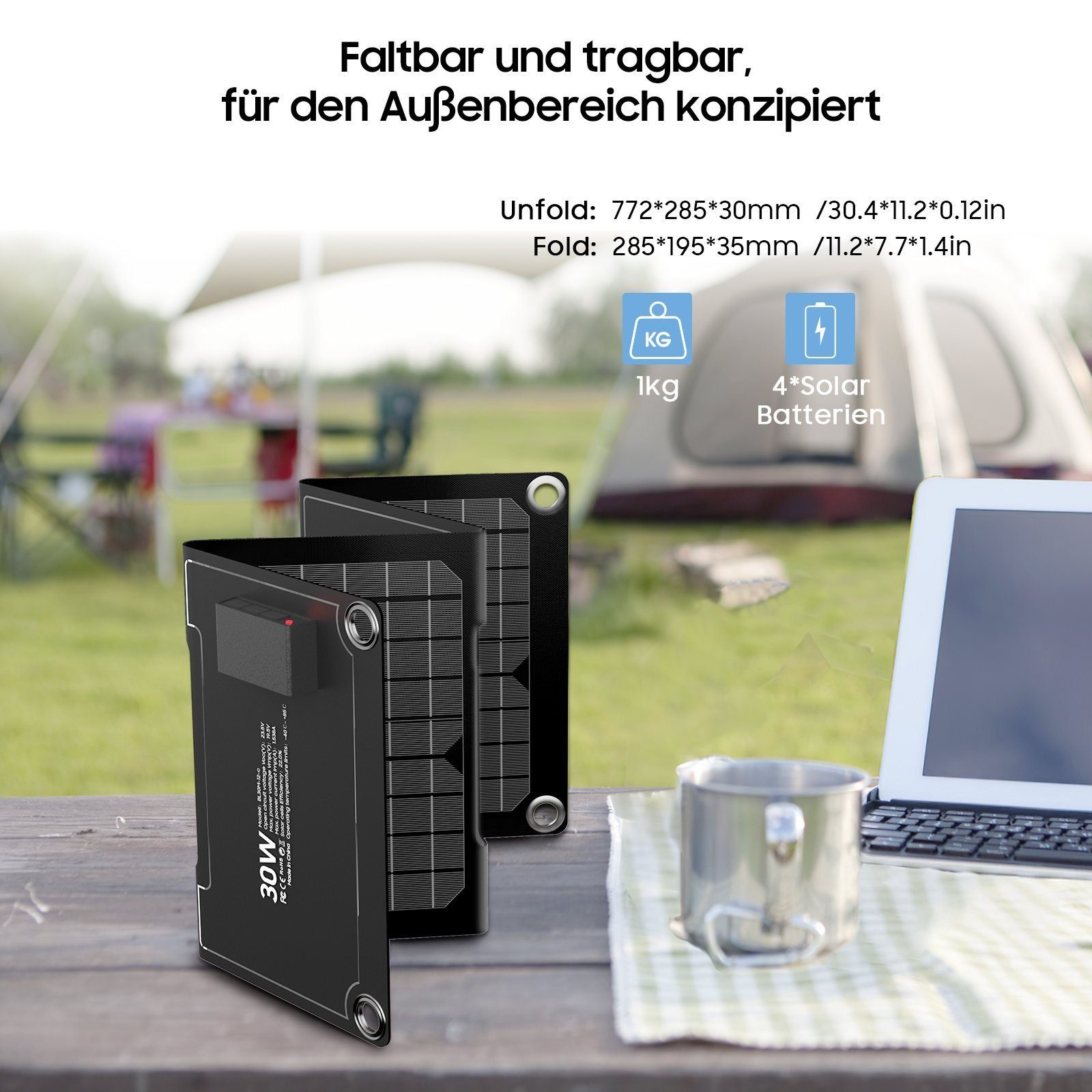 Aoucheni Solaranlage Solarladepanel PV tragbar faltbar mobiler Stromladecomputer, 30,00 W, (Kälte- und hitzebeständig, Tragbar und leicht zu transportieren), Unbesorgt reisen und aufladen