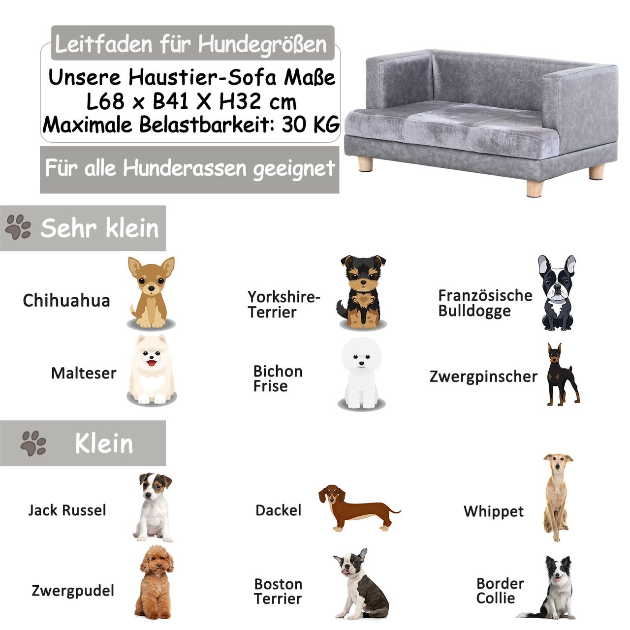 PawHut Hundesofa Haustiersofa Hundebett Hundematte Kunstleder Kurzplüsch Grau
