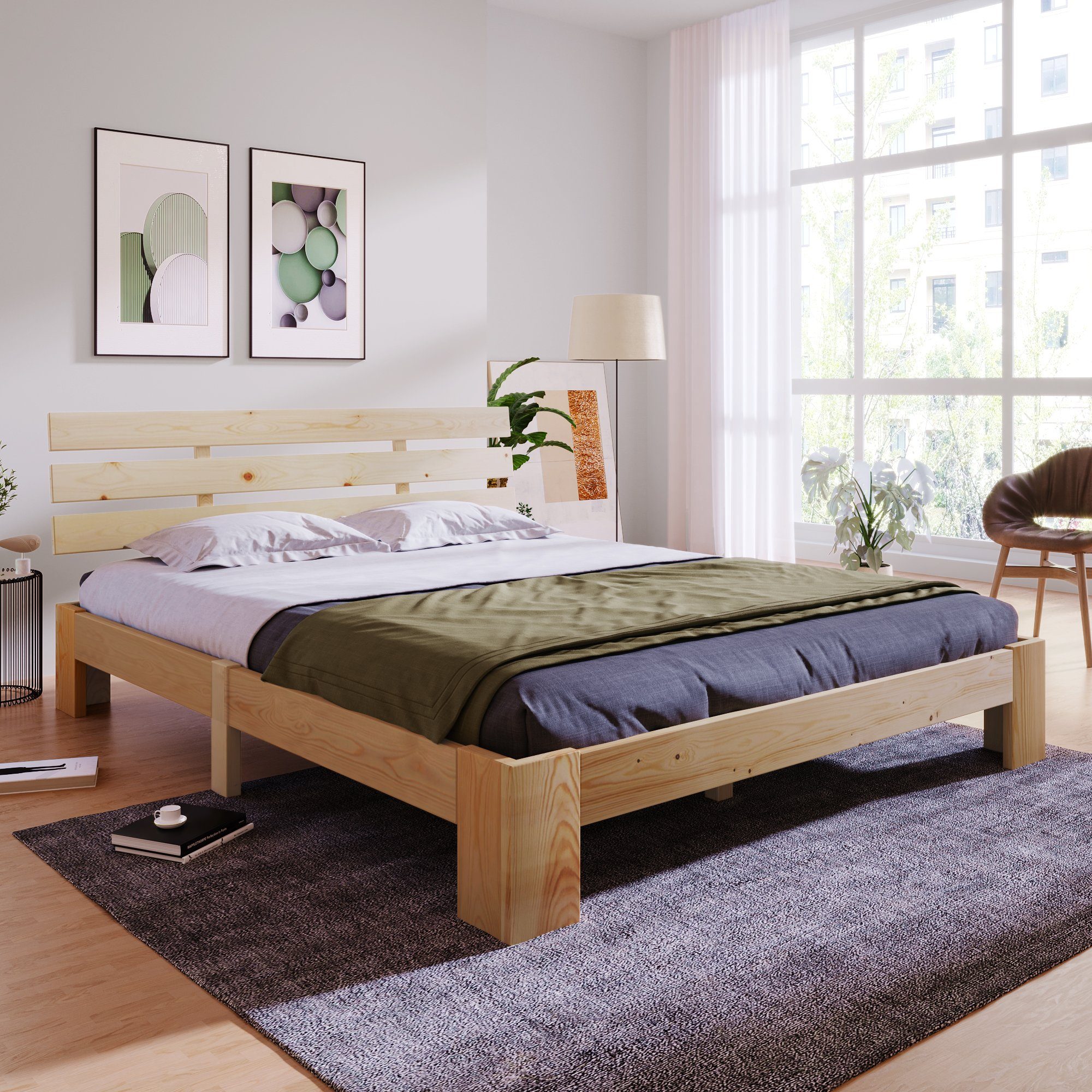 OKWISH Holzbett Doppelbett (mit Kopfteil aus Bettgestell mit Lattenrost, Massivholz FSC Massiv Doppelbett als Kieferbett verwendbar), 140x200 cm
