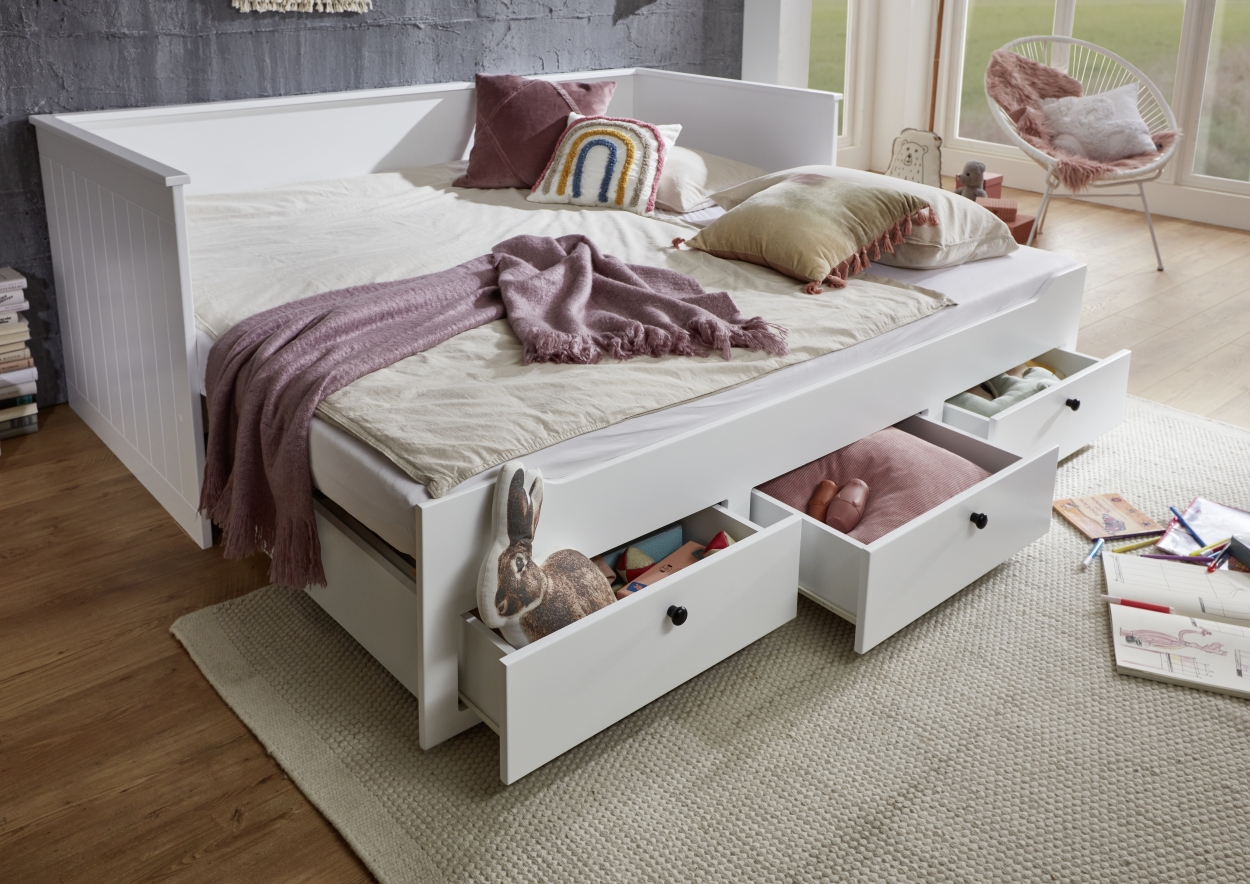 Relita Funktionsbett KIRA 90/180x200 inkl. Lattenrost und 3 Schubladen MDF weiß