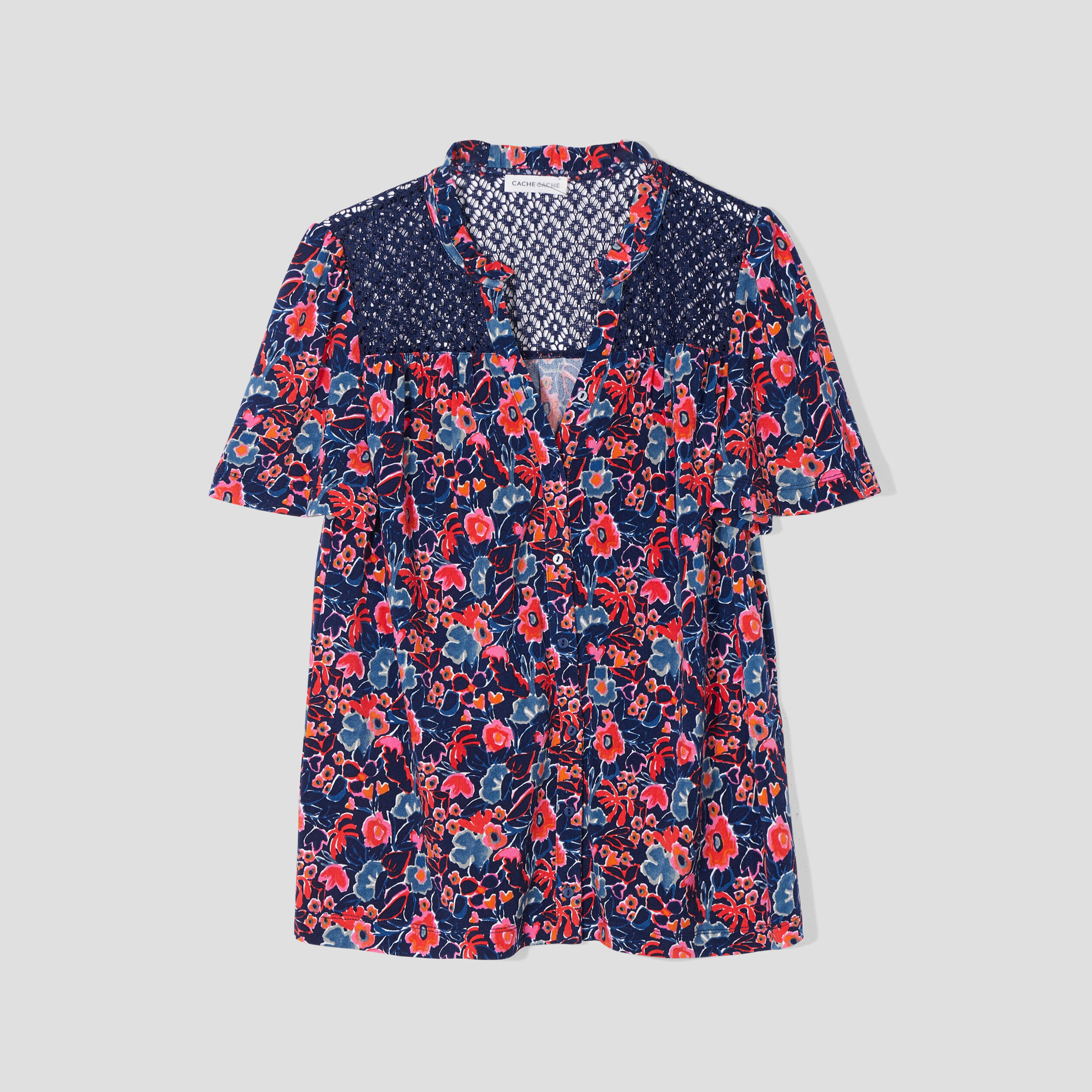 Blouse détails dentelle bleu marine femme | Cache Cache