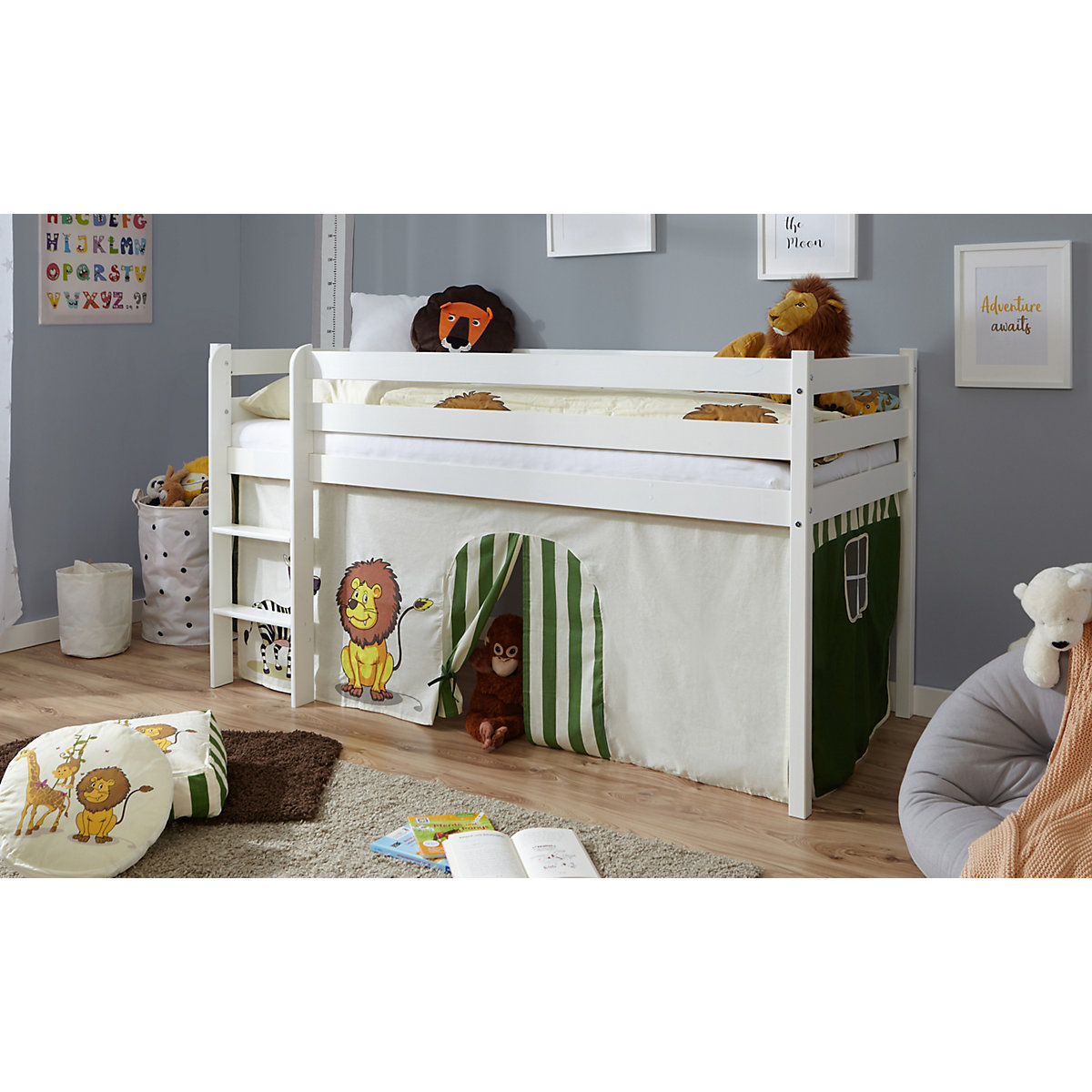 Hochbett Kiefer Weiß Vorhang 