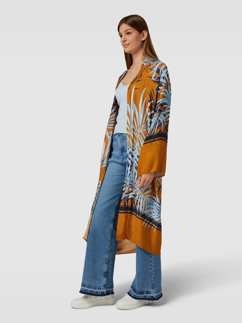 Kimono mit Allover-Muster Modell 'Palme' in cognac