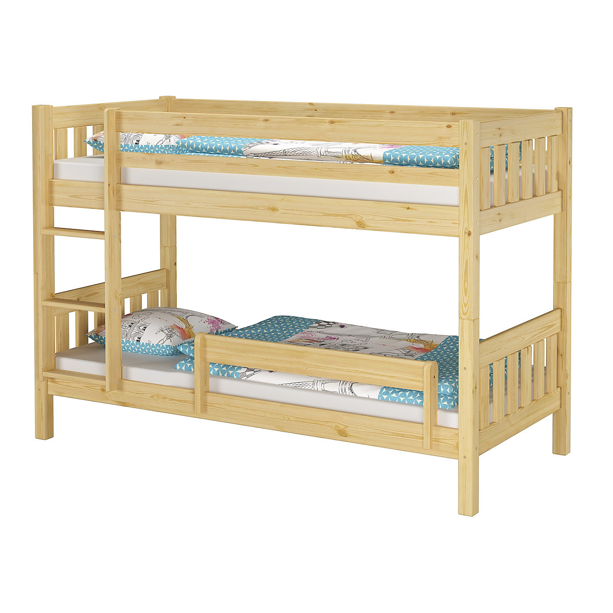 Etagenbett 90x200 Kiefer mit Rollrost, Matratzen und Bettkasten