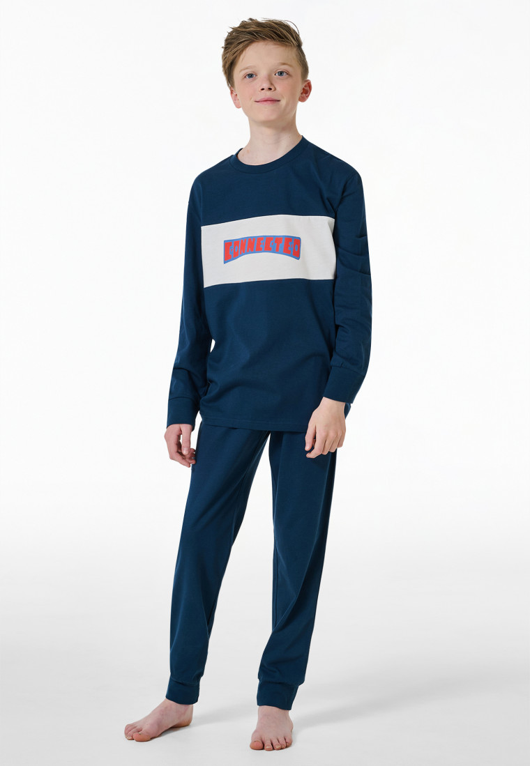 Schlafanzug lang Motivdruck blau - Nightwear