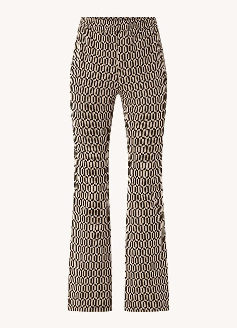 Pantaloni a zampa a vita alta color espresso con stampa grafica