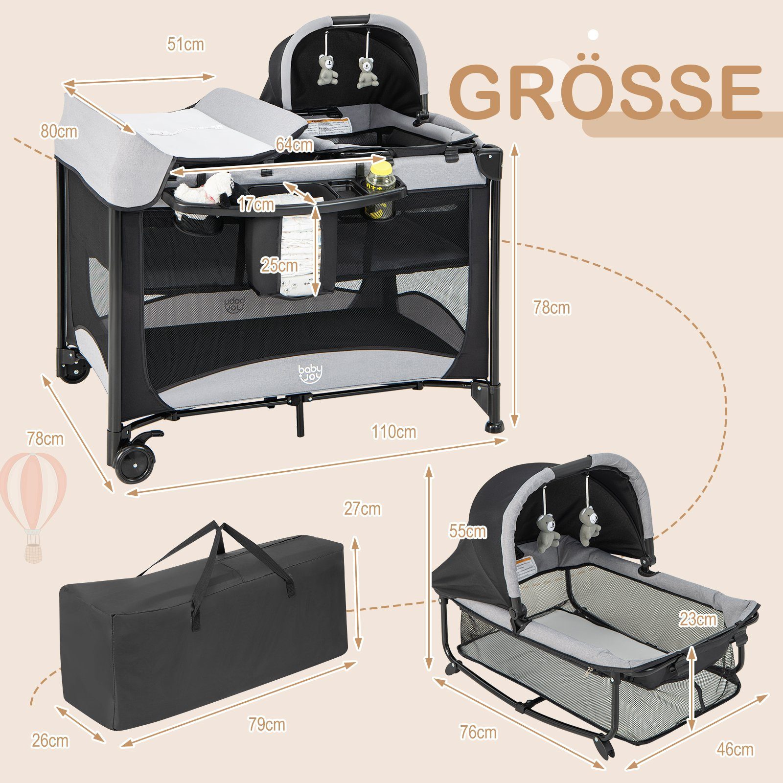 COSTWAY Baby-Reisebett, mit Matratze & Wickeltisch, 110 x 78 x 78 cm