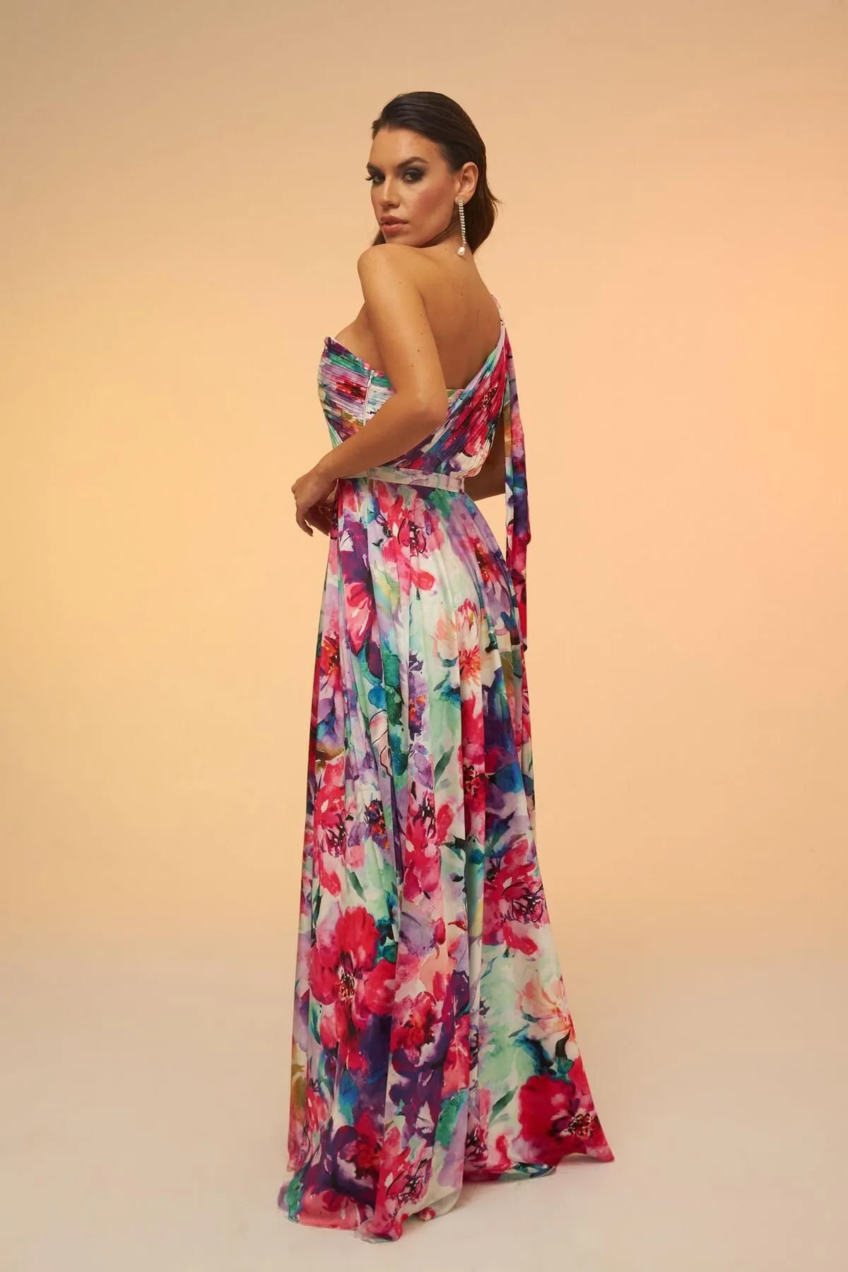 Carmen  Fuchsia bedrucktes, einärmliges langes Abendkleid
