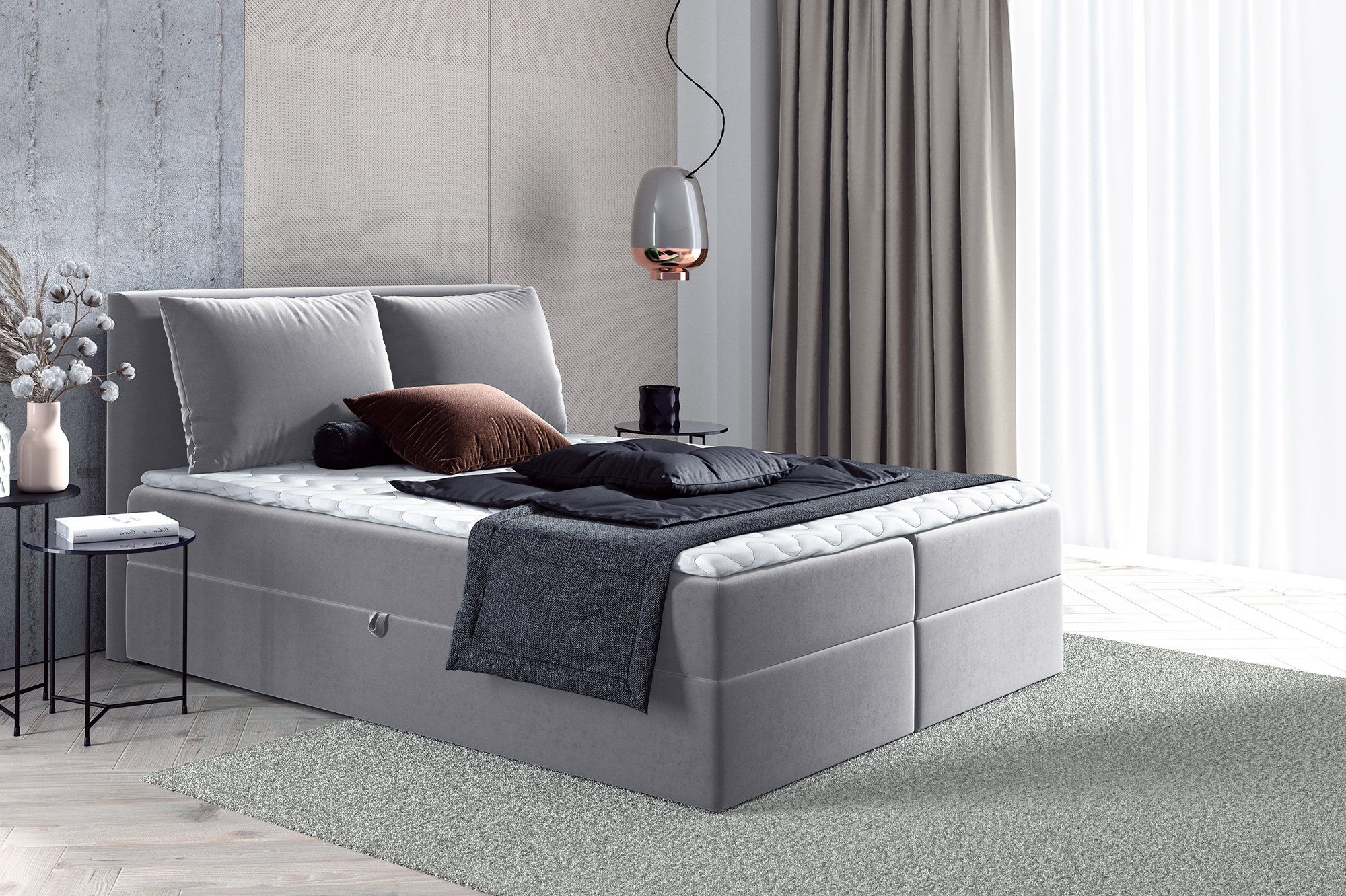 Sofnet Boxspringbett Egro (mit zwei Bettkasten, Bonell-Matratze und Topper), Doppelbett, Polsterbett mit Kopfteil und Kissen