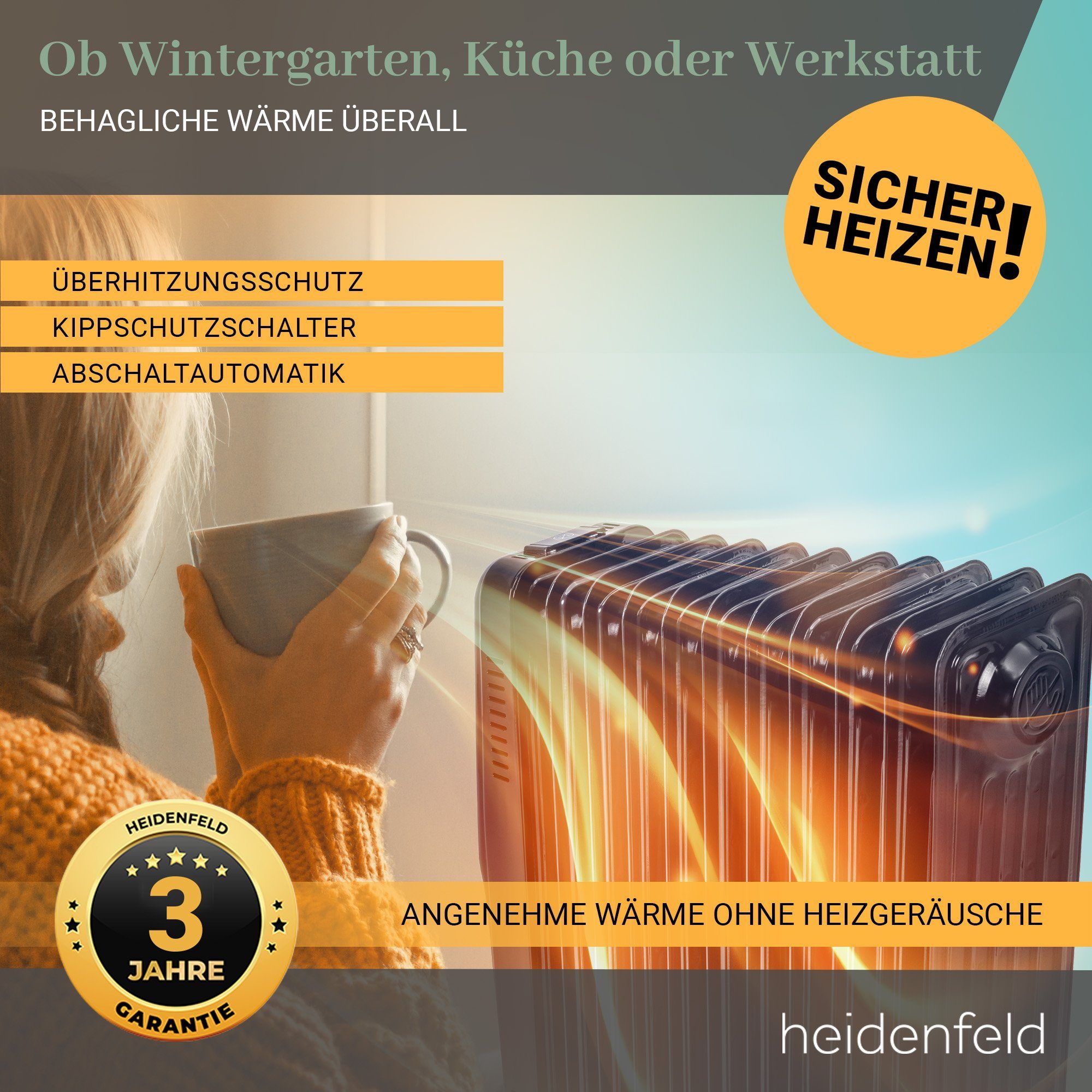 Heidenfeld Ölradiator Mobiler Elektro Heizkörper ÖR100 Heizung inkl. 3 J. Garantie, 2500 W, Thermostat - Heizstrahler - Elektroheizung - Heizlüfter