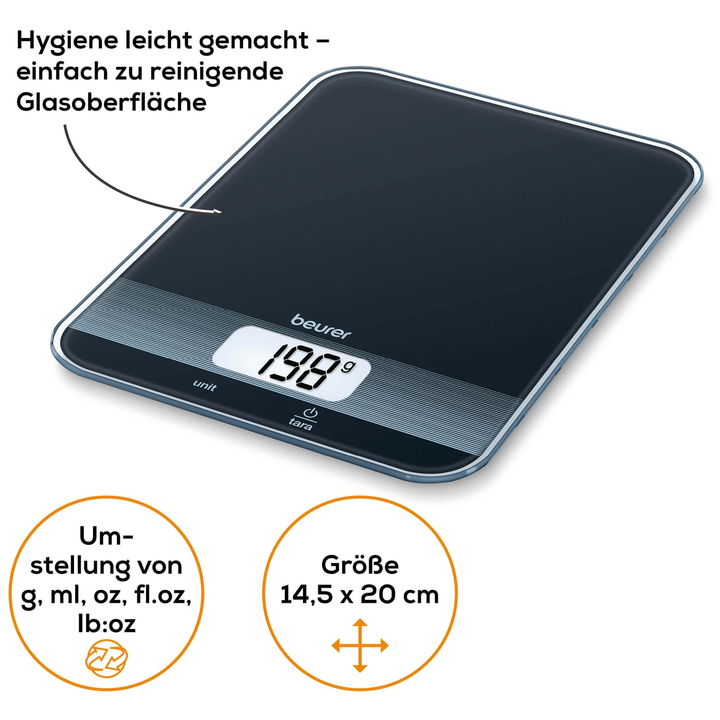 Beurer Küchenwaage KS 19 Black-Küchenwaage mit edler, schwarzen Glasoberfläche & Tarafunktion