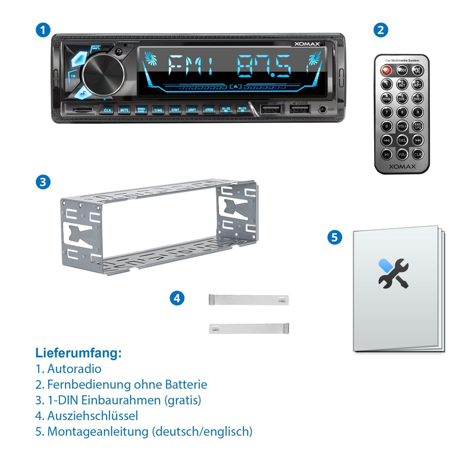XOMAX XM-R282 Autoradio mit Bluetooth, 2x USB, SD, AUX IN, 1 DIN Autoradio