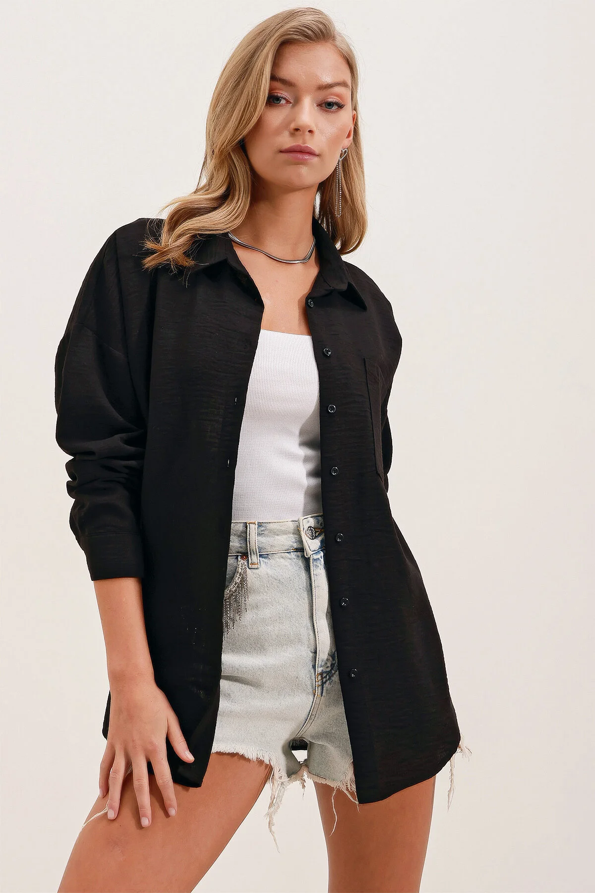 Bigdart  20153 Oversize-Leinenhemd mit einer Tasche – Schwarz