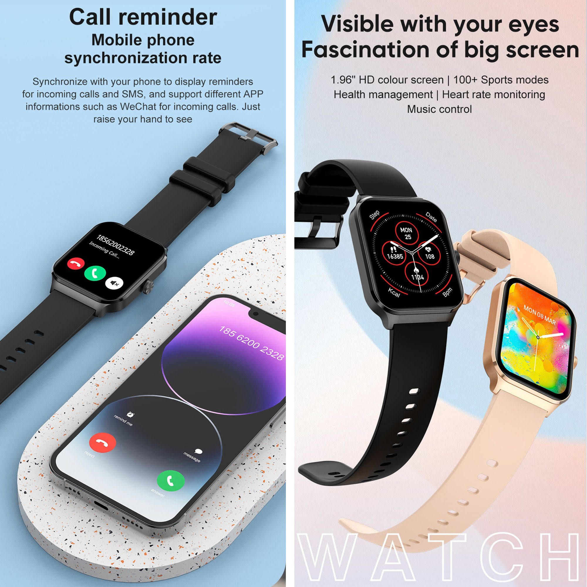 IBETTER Smartwatch,Fitness Tracker Uhr für,Damen Herren Smartwatch Smartwatch (1,96