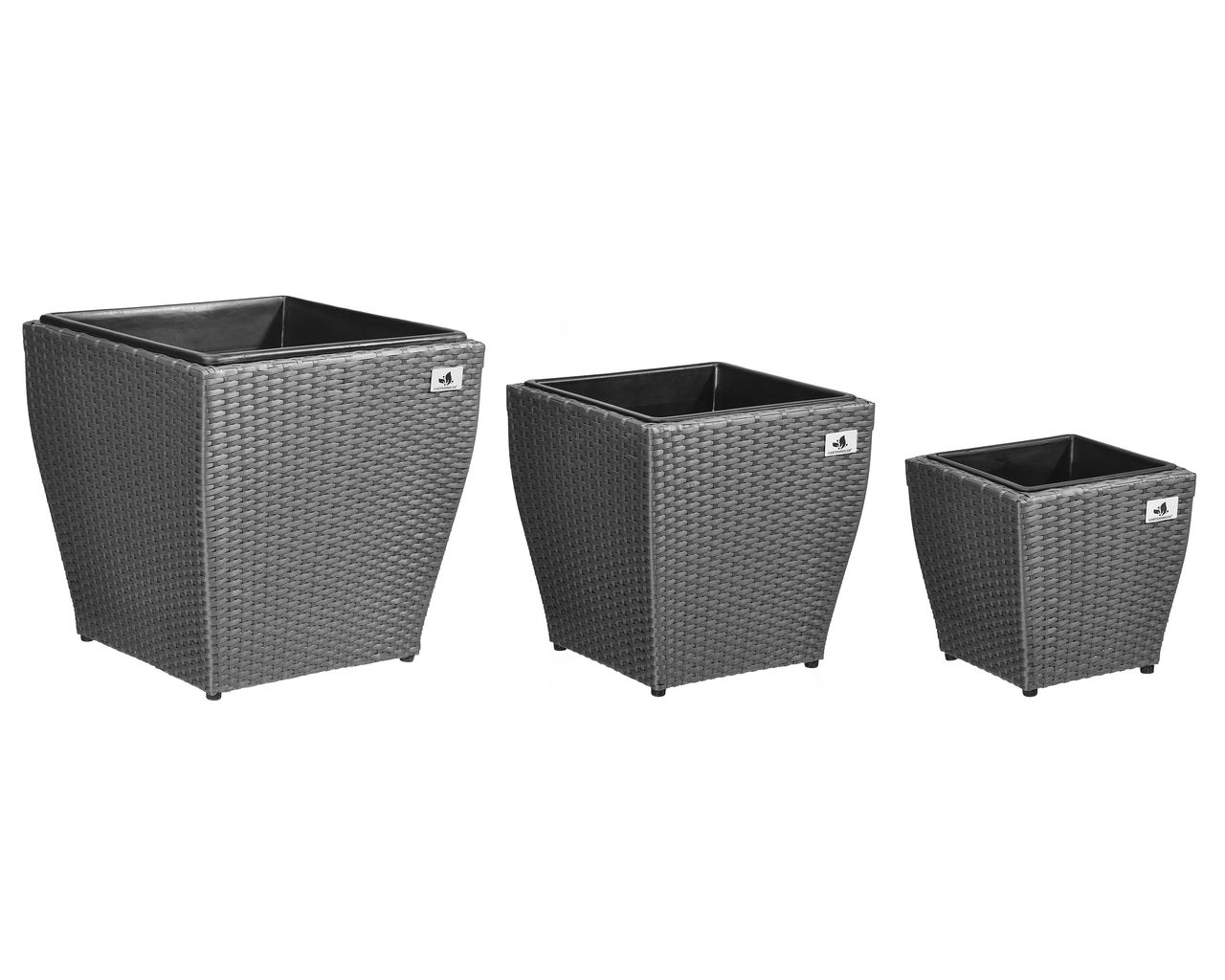 Weles Pflanzkübel Polyrattan 46 x 46 x 45 cm, 37 x 37 x 37cm, 28 x 28 x 30cm, Kunststoffeinsatz, grau