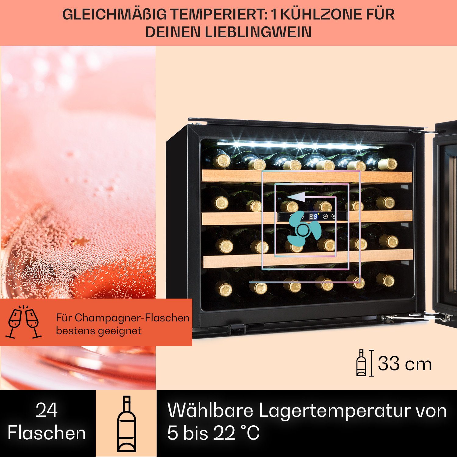 Klarstein Weinkühlschrank Vinsider 24 Onyx Edition, für 24 Standardflaschen á 0,75l,Wein Flaschenkühlschrank Weintemperierschrank Weinschrank Kühlschrank