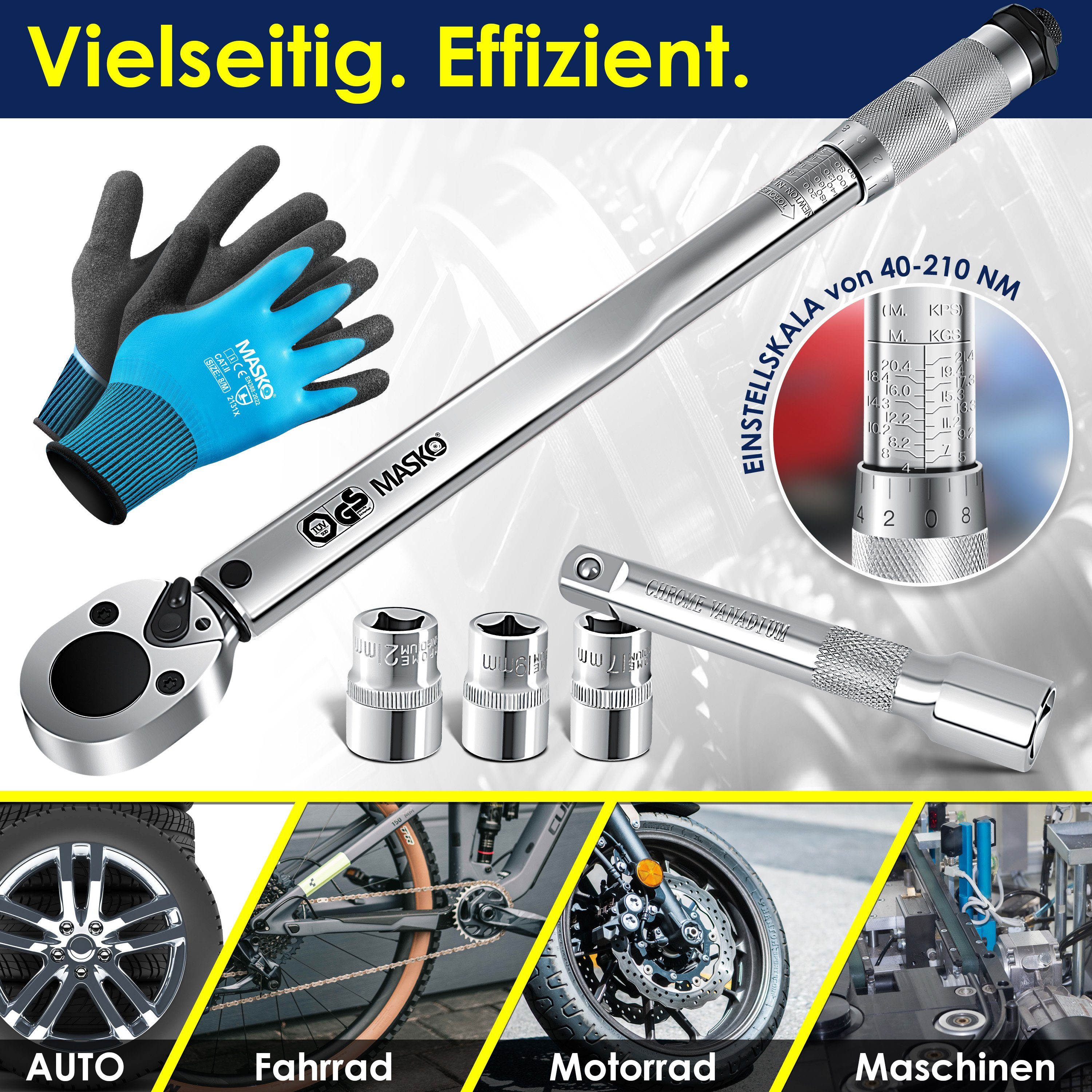 MASKO Drehmomentschlüssel, Drehmomentschlüssel 6tlg. Set 40-210Nm 1/2 CV inkl. Stecknuss