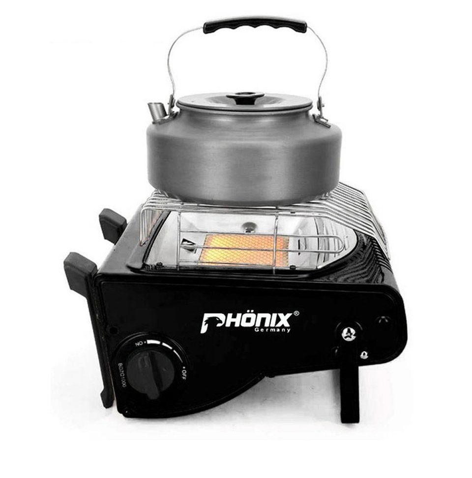 Phönix Germany Gaskocher PH-100, (2 in 1 Heizung & Kocher, Gasheizung Keramik), Keramik Gasstrahler 1,7 KW Heizstrahler;+ 8 Kartuschen