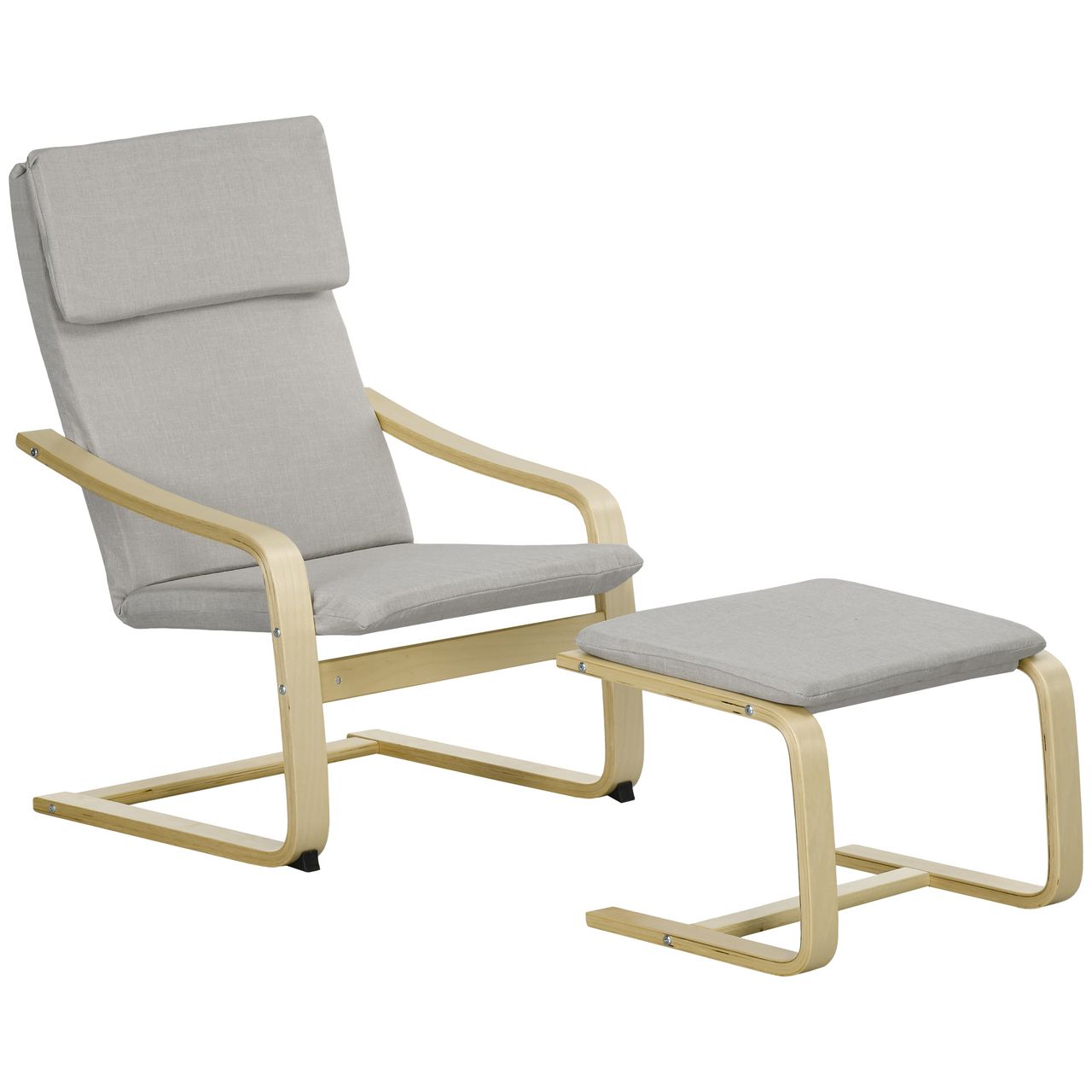HOMCOM Relaxsessel mit Hocker, Armlehnen, Leinenoptik, Holzgestell, Hellgrau