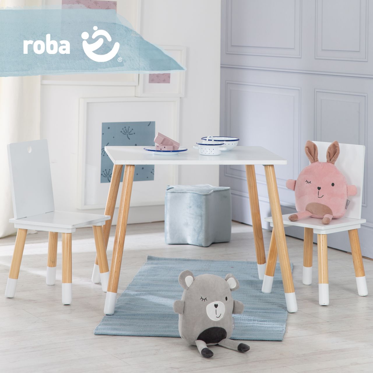 Roba Kinder Sitzgruppe, Kindermöbel Set aus 2 Kinderstühlen & 1 Tisch, Holz, weiß lackiert
