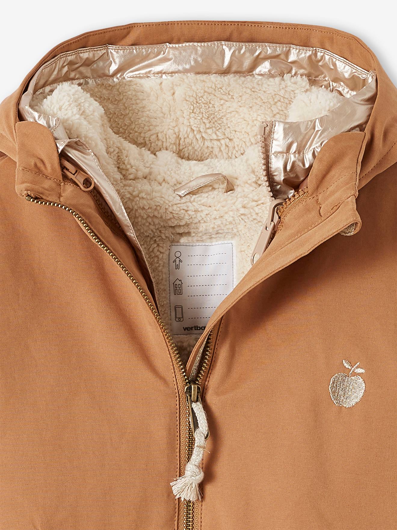 Parka à capuche 3 en 1 fille avec doudoune brillante doublée sherpa camel