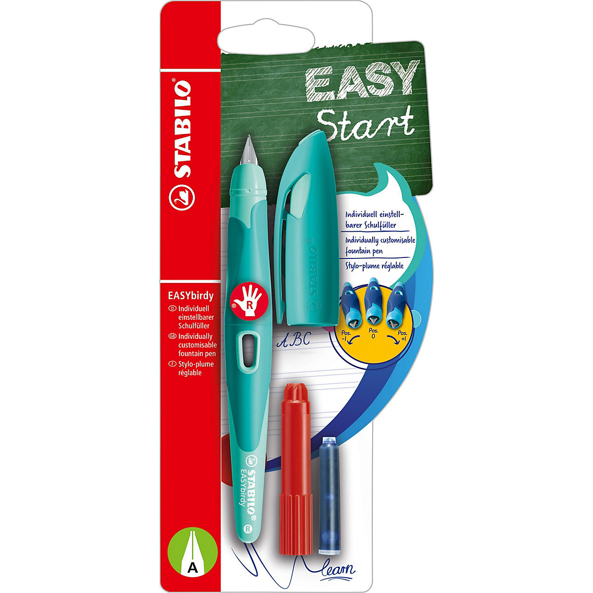 Schulfüller EASYbirdy Rechtshänder A-Feder Pastel Edition soft aqua grün, inkl. Patrone & Einstellwerkzeug