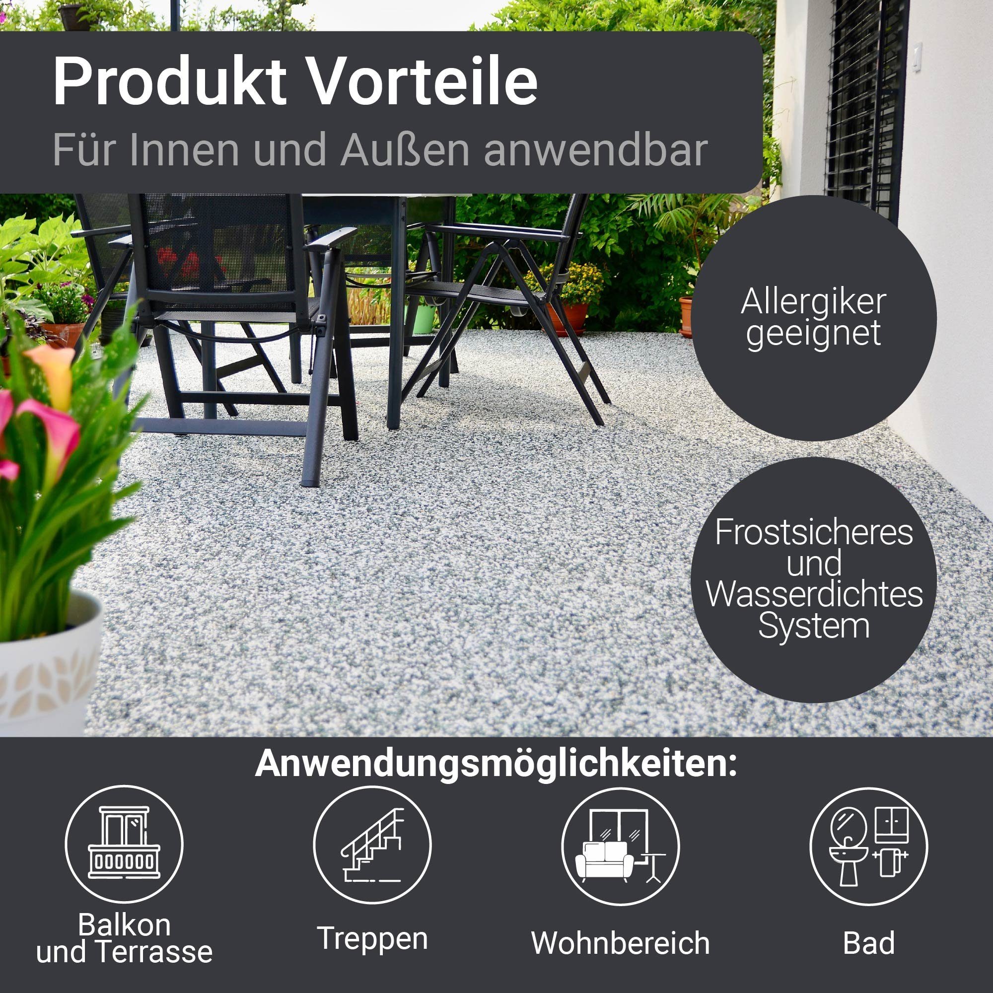WO-WE Korngröße 4-8mm Bodenfliese Steinteppich Set Marmorkies Bodenbeschichtung W730 2qm, Weiß - Bianco Carrara, Set, 25KG Marmorkies + 1,5KG 2k Bindemittel