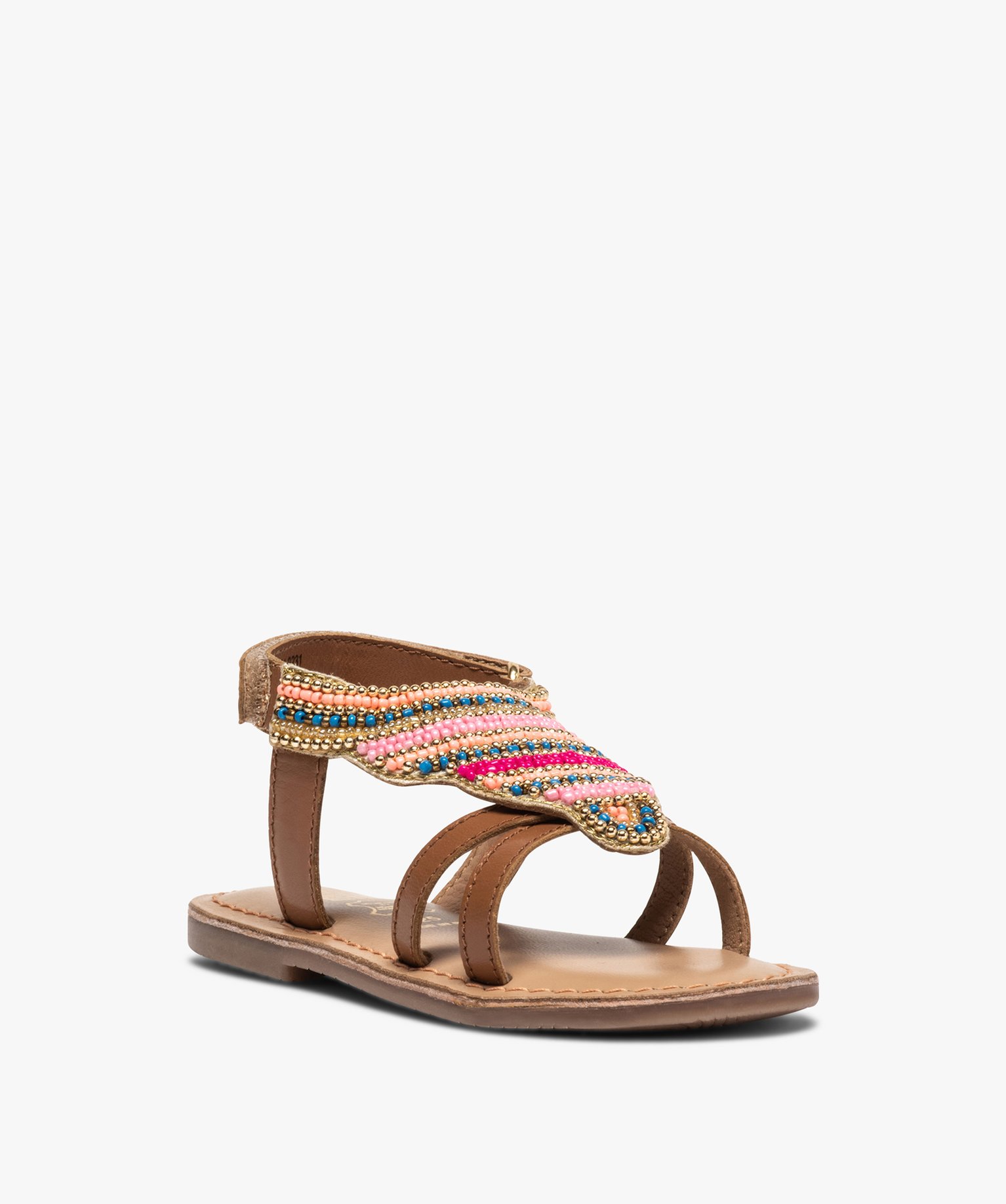 Sandales fille ornées de perles et fermeture scratch camel | GEMO
