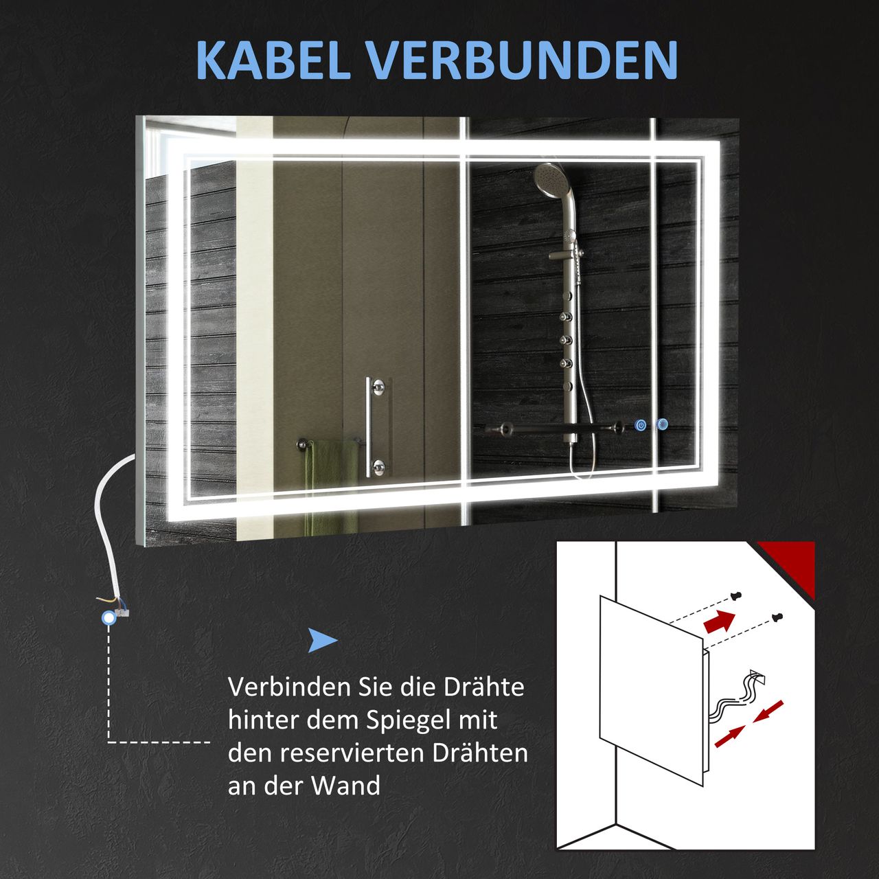 kleankin Badspiegel Badezimmerspiegel mit LED-Leuchte, Wasserdichter Wandspiegel