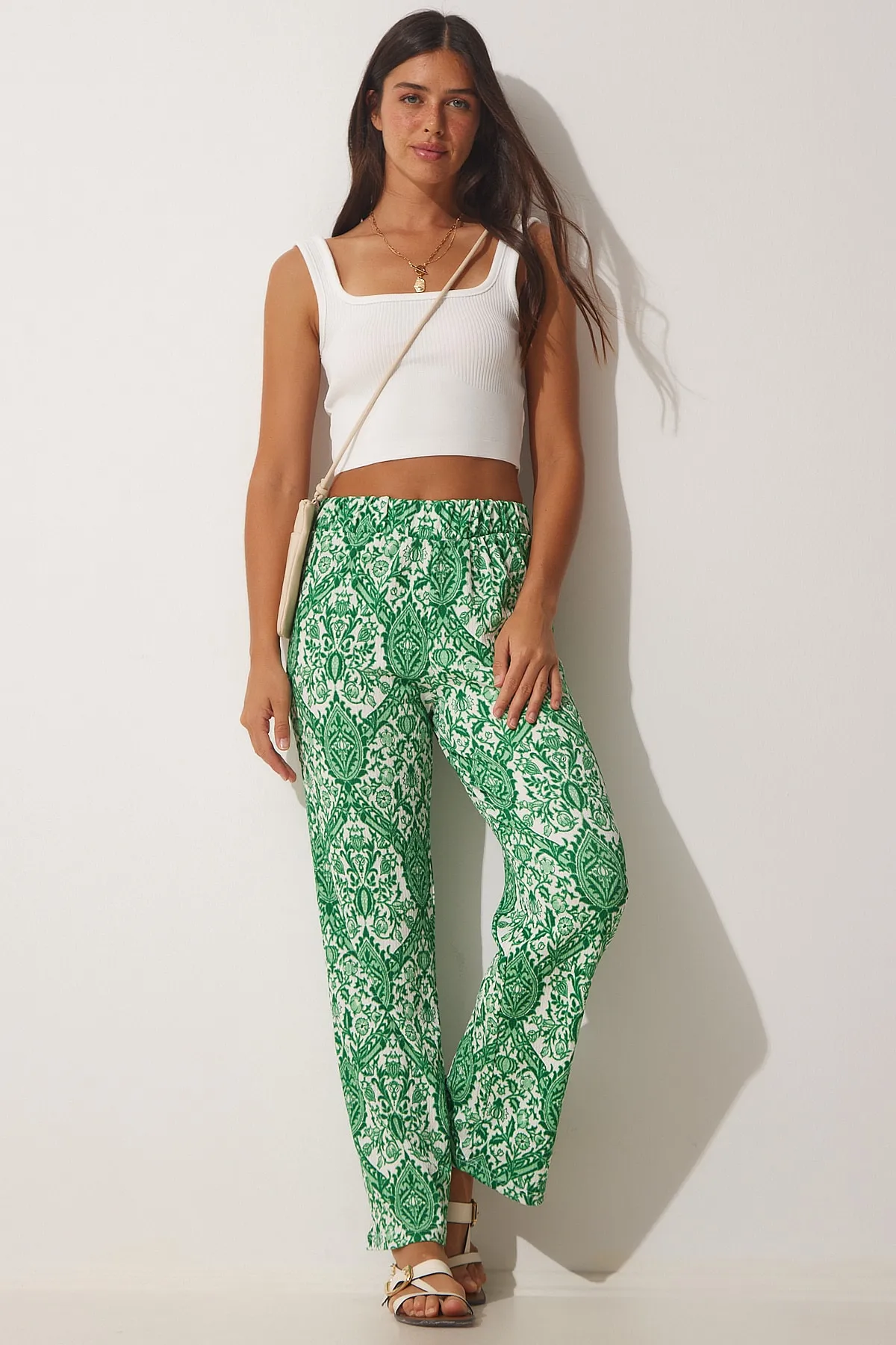 Happiness İstanbul  Grüne gemusterte lockere Sommer-Palazzo-Hose für Damen DD01238