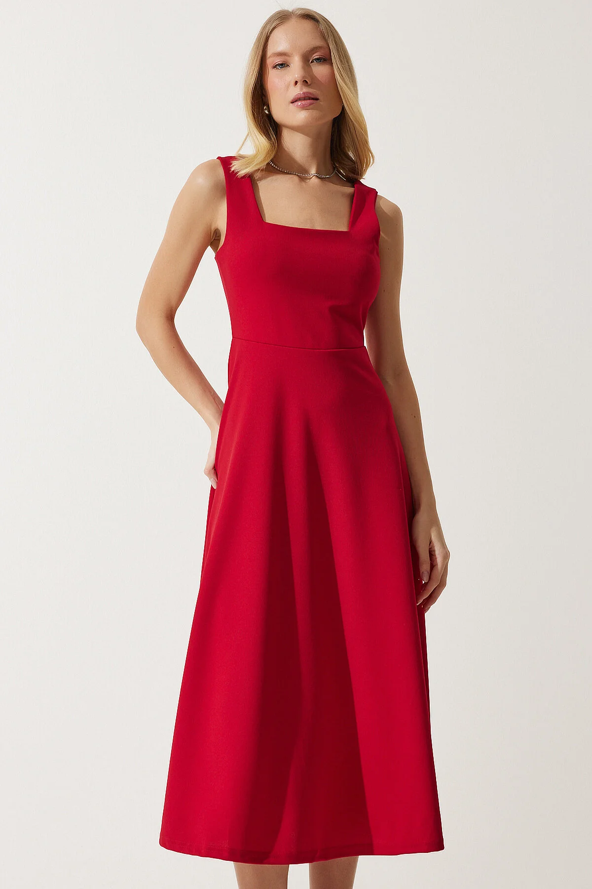 Happiness İstanbul  Rotes A-Linien-Kleid mit quadratischem Kragen für Damen DK00169