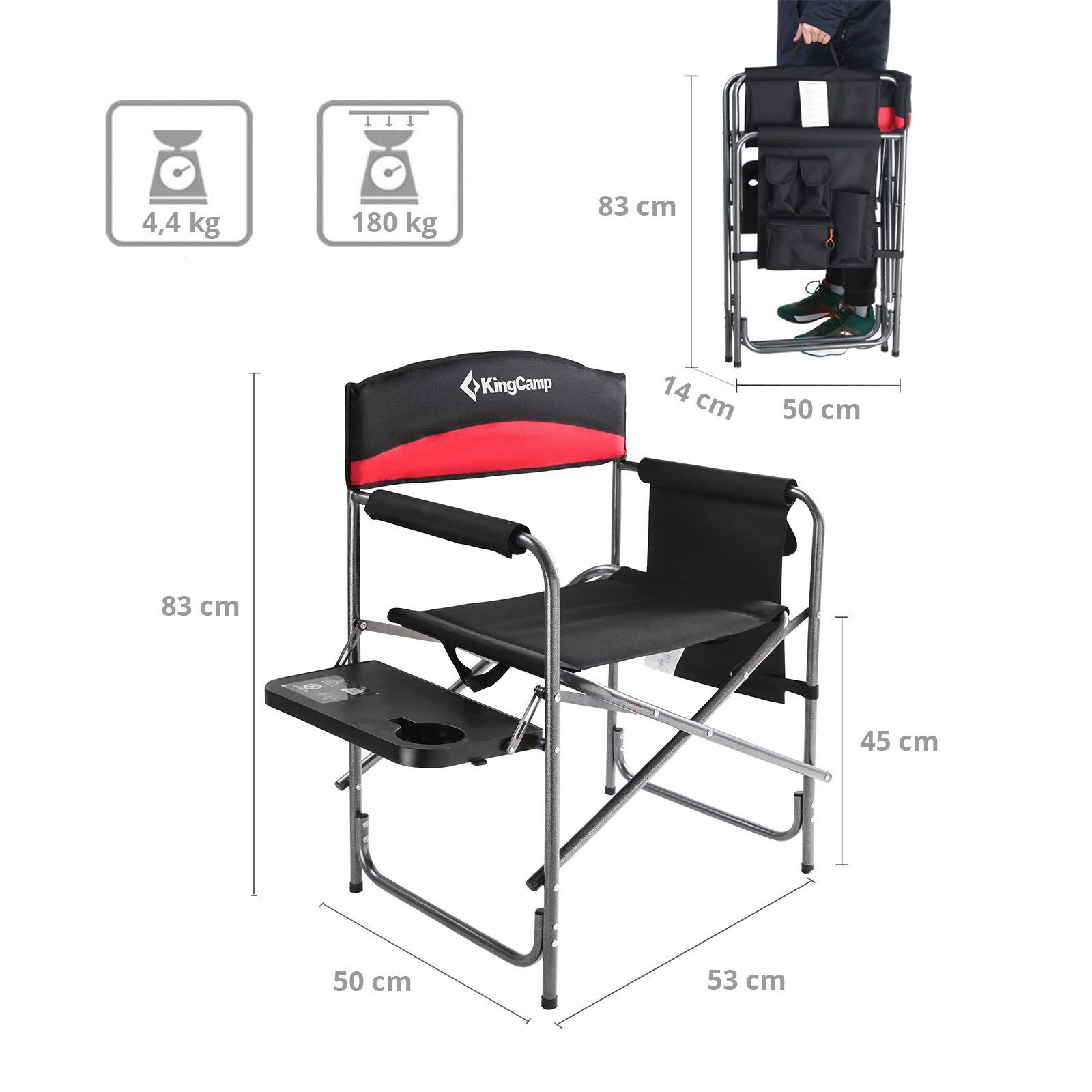 KingCamp Campingstuhl Regie Stuhl XL Director Camping Falt Klapp, Sessel Armlehne Tisch 180 kg