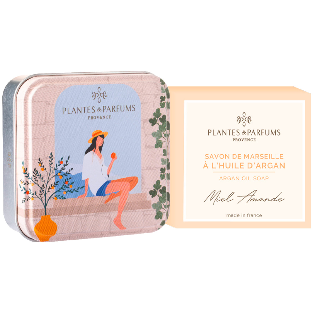 Plantes et Parfums Sur les Marches avec savon Miel Amande Boîte Métal Carrée