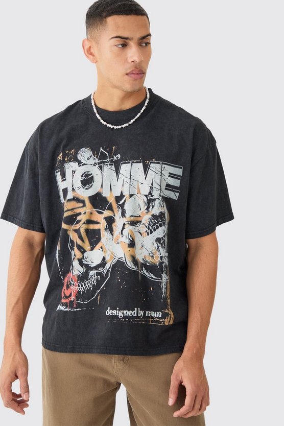 Oversize T-Shirt mit Acid-Waschung und Totenkopf-Print