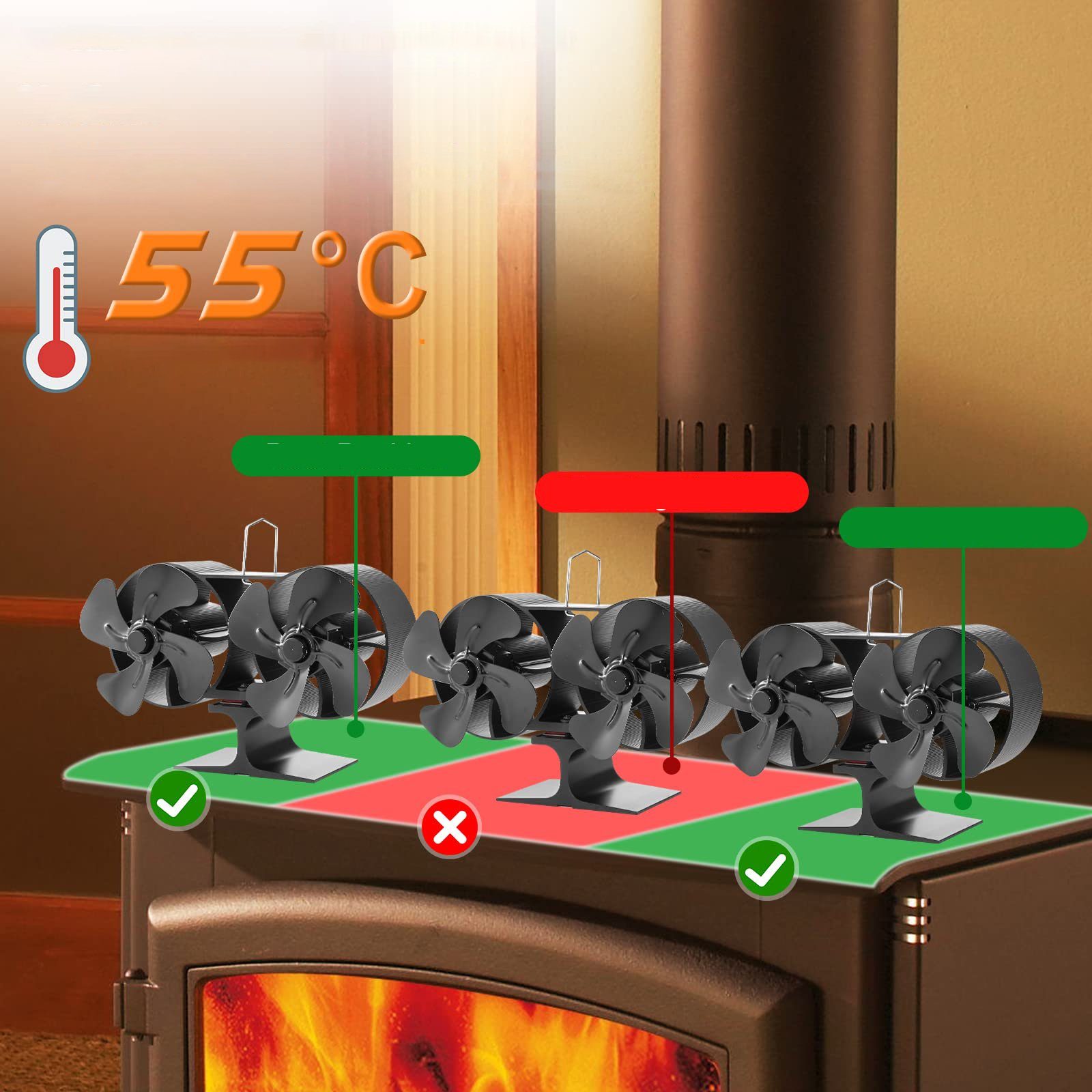 AKKEE Kaminventilator 8 Blättern Kaminbesteck Lüfter Leiser Kamin Ventilator Ofenventilator, Ohne Strom, Kaminlüfter für Holz/Brennholz/Feuerstelle/Ofenrohr