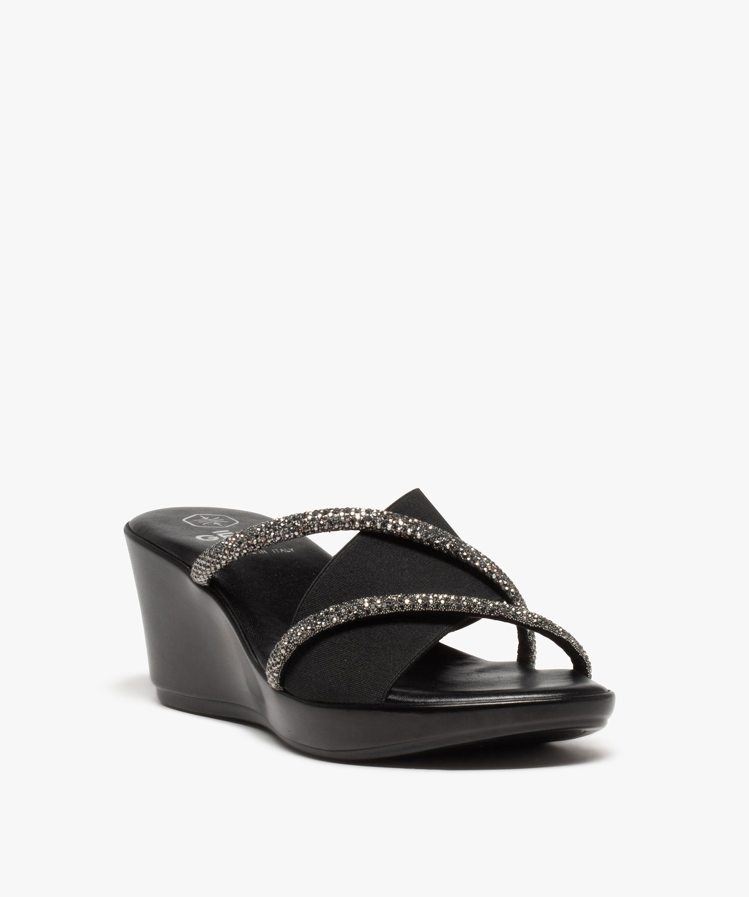 Mules femme à talon compensé et brides strass noir | GEMO