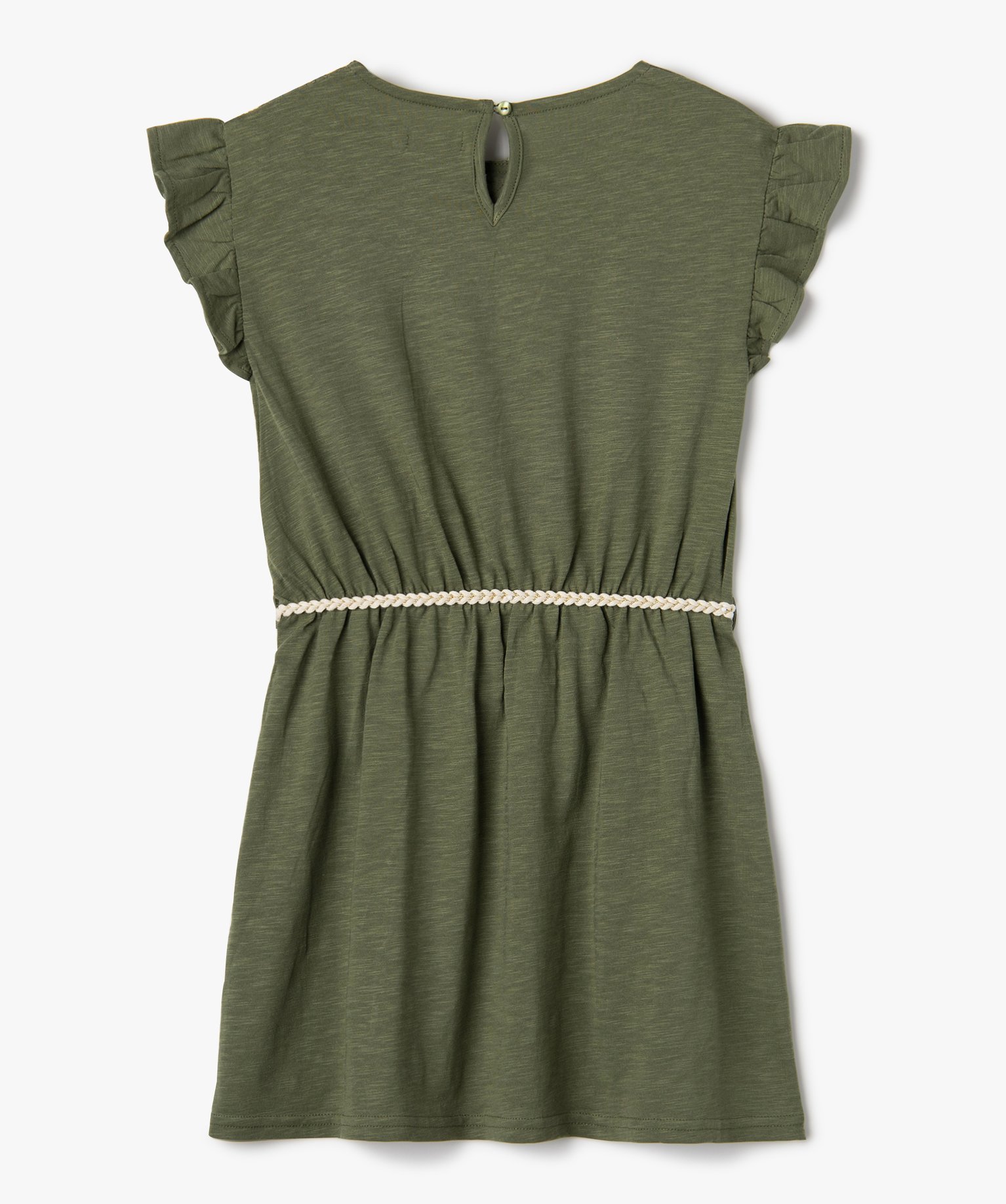Robe fille en maille avec buste brodé et manches à volants kaki | GEMO